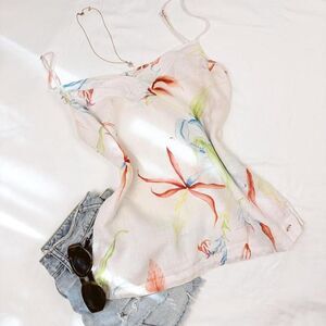 richards | size 2 | 100% linen white cami w multicolor tropical floral print
